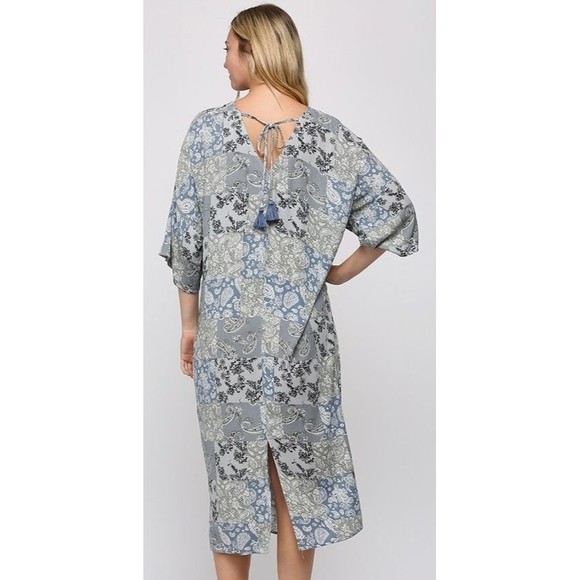 New GIGIO Size S M L Patchwork Print Twist V Neck Midi Dress Back Tassel Tie - Picture 3 of 4